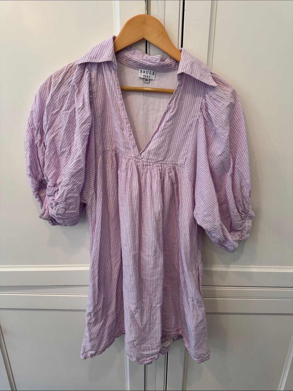 Saule Lilac Striped Mini Dress with Puff Sleeves
